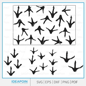 May include: Black silhouette of various bird footprints arranged in two groups. The top group is rectangular, and the bottom group is smaller. The image includes the text "IDEAPOIN" and file type options: SVG, EPS, DXF, PNG, and PDF.