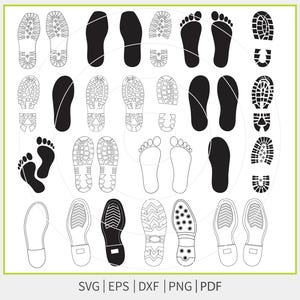 Può includere: Una collezione di design di suole di scarpe e impronte in bianco e nero. L'immagine include vari modelli di suole di stivali e scarpe, oltre a contorni di piedi nudi. In basso nell'immagine c'è il testo: SVG | EPS | DXF | PNG | PDF.