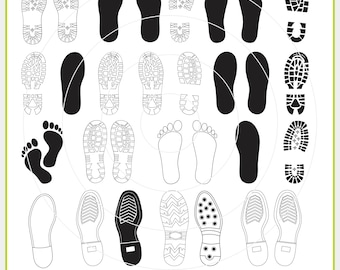 May include: A selection of shoe sole and footprint designs in black and white. The image features various boot and shoe sole patterns, alongside outlines of bare feet. The bottom of the image displays the text: SVG | EPS | DXF | PNG | PDF.