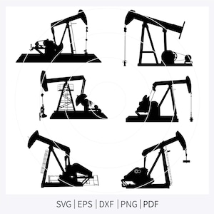 May include: Black silhouette illustrations of oil pump jacks in various designs. The image features six different pump jack silhouettes, each with unique mechanical details. The bottom of the image includes the text "SVG | EPS | DXF | PNG | PDF".