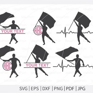 May include: A collection of black and white silhouette designs featuring a person holding a flag. Some designs include text that reads "YOUR TEXT" and a monogram with the letters "ABC". The image also includes a heartbeat line.