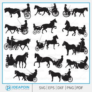 May include: A collection of black silhouette illustrations of horse-drawn carriages and carts. Each image features a horse with a driver in various styles of vehicles. The bottom of the image includes the text "IDEAPOIN" and file type options.