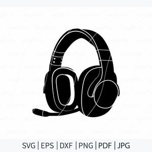 Puede incluir: Gr&aacute;fico en blanco y negro de unos auriculares con micr&oacute;fono. Los auriculares tienen una diadema y orejeras acolchadas. La imagen incluye el texto "SVG | EPS | DXF | PNG | PDF | JPG".