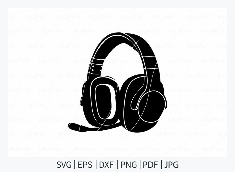 Puede incluir: Gr&aacute;fico en blanco y negro de unos auriculares con micr&oacute;fono. Los auriculares tienen una diadema y orejeras acolchadas. La imagen incluye el texto "SVG | EPS | DXF | PNG | PDF | JPG".