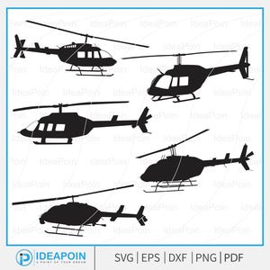 May include: A collection of black helicopter silhouettes in various designs. The image features multiple aircraft, each with a distinct shape and style, including the main rotor and tail rotor. The image also includes the text "IDEAPOIN" and file type options.