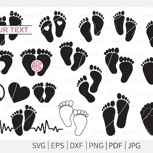 Puede incluir: Gráficos vectoriales en blanco y negro con huellas de bebé, corazones y un símbolo de la paz. Incluye el texto "YOUR TEXT" y los tipos de archivo: SVG, EPS, DXF, PNG, PDF y JPG. Adecuado para proyectos de temática infantil.