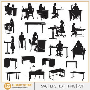 Puede incluir: Gráfico vectorial en blanco y negro con siluetas de personas trabajando en escritorios y mesas. La imagen incluye varios diseños de escritorios y personas en diferentes posiciones de trabajo.