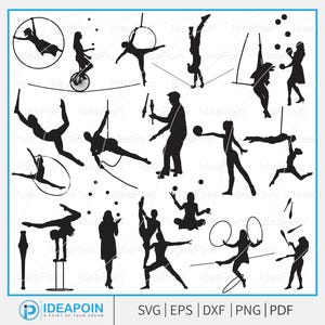 Puede incluir: Ilustraciones en silueta negra de artistas de circo en varias poses, incluyendo acróbatas aéreos, ciclistas en monociclo, malabaristas y acróbatas. La imagen incluye el texto "IDEAPOIN" y opciones de archivo SVG, EPS, DXF, PNG y PDF.
