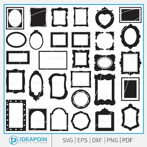 May include: A collection of black and white frame silhouettes in various shapes and styles. Includes oval, rectangular, and ornate designs, suitable for digital art or crafting projects. The image also includes the text "IDEAPOIN" and file type options.