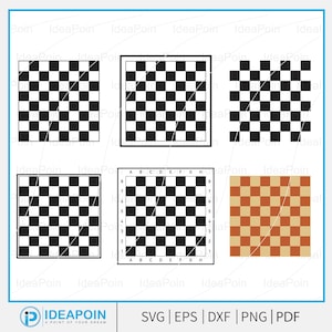 May include: Collection of chess board designs in black and white, and tan and brown. The designs include a classic checkered pattern, some with borders, and one with coordinates. The bottom of the image includes the text "SVG | EPS | DXF | PNG | PDF".