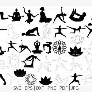 Può includere: Illustrazioni in bianco e nero di pose yoga e fiori di loto. L'immagine presenta varie pose yoga in silhouette, tra cui posizioni sedute, in piedi e di equilibrio. Sono inclusi anche disegni di fiori di loto. L'immagine include anche i tipi di file: SVG, EPS, DXF, PNG, PDF e JPG.
