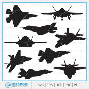 May include: A collection of black silhouette fighter jet designs. The image includes various views of the aircraft, such as side profiles and top-down perspectives. The bottom of the image includes the text "IDEAPOIN" and file type options: SVG, EPS, DXF, PNG, and PDF.