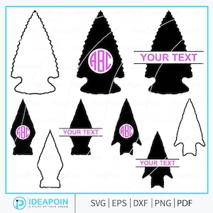 以下が含まれることがあります： 黒い矢じりのデザインのコレクション。一部はピンクのバナーに「YOUR TEXT」の文字、その他はピンクの円に「ABC」の文字が入っています。SVG、EPS、DXF、PNG、PDF形式で利用可能です。