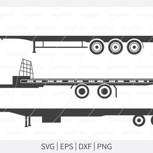 Könnte beinhalten: Schwarze Silhouette-Illustrationen von drei verschiedenen Sattelauflieger-Designs. Die Designs umfassen Pritschen-, Tieflader- und Standard-Anhänger. Das Bild enthält den Text "SVG | EPS | DXF | PNG".