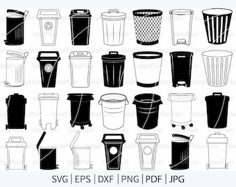 Trash Bin svg bundle, Rubbish bin Silhouette, Bin Outline, Trash Can Clipart, Trash Sign png, Trash Bin Clipart, Trash Bin Silhouette