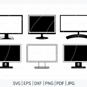 Puede incluir: Seis ilustraciones en blanco y negro de monitores de ordenador, cada uno con un dise&ntilde;o de soporte diferente. La parte inferior de la imagen incluye el texto: SVG | EPS | DXF | PNG | PDF | JPG.