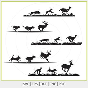 Könnte beinhalten: Schwarze Silhouette-Illustrationen von laufenden Hunden und Hirschen, vor stilisiertem Gras. Das Bild enthält mehrere Ebenen von Tieren in Bewegung, mit den Dateitypen SVG, EPS, DXF, PNG und PDF unten.