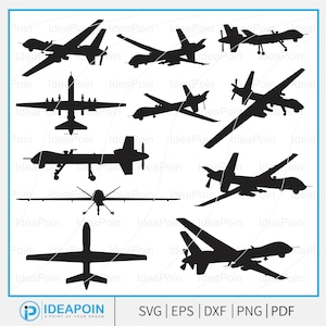 May include: A collection of black silhouette illustrations of various unmanned aerial vehicles (UAVs), or drones, with different wing and body designs. The image includes the text "IDEAPOIN" and file type options: SVG, EPS, DXF, PNG, and PDF.