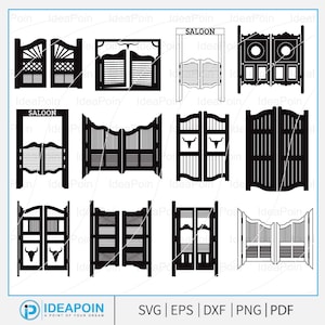 Könnte beinhalten: Eine Sammlung von schwarz-weißen Saloontür-Designs. Die Designs umfassen verschiedene Stile, wie gewölbte Oberteile, Lamellentüren und Türen mit Bullensilhouetten. Das Wort "SALOON" ist auf einigen Türen zu sehen.