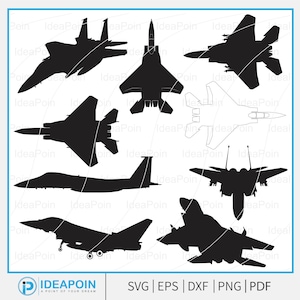 Puede incluir: Ilustraciones de siluetas negras de varios aviones de combate. La imagen incluye diferentes ángulos y diseños de aviones militares, adecuados para proyectos de arte digital o diseño. La esquina inferior derecha incluye el texto: SVG | EPS | DXF | PNG | PDF.