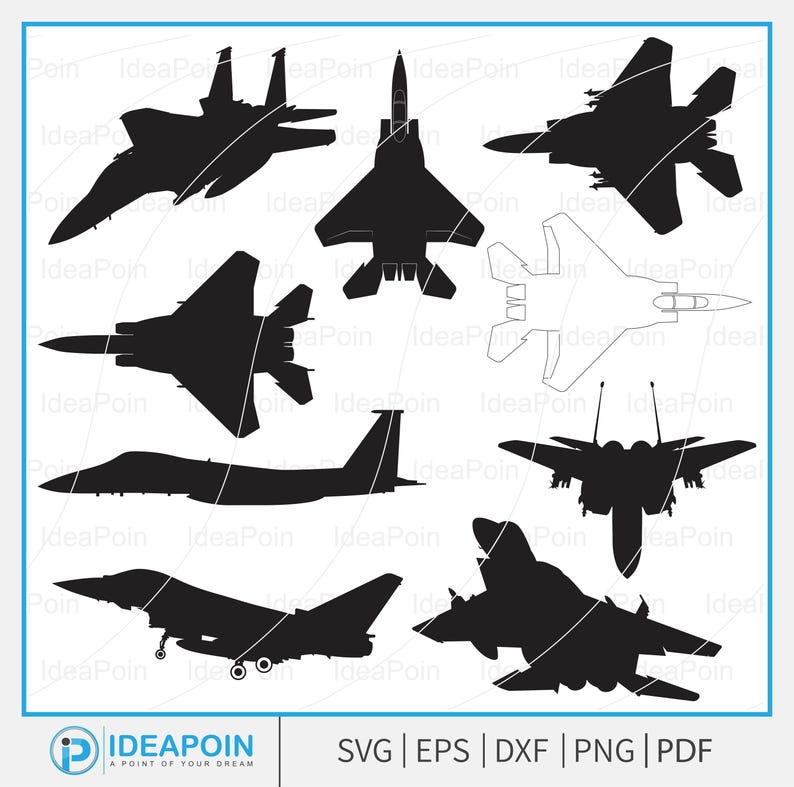 May include: A collection of black silhouette illustrations of various fighter jets. The image includes different angles and designs of military aircraft, suitable for digital art or design projects. The bottom right corner includes the text: SVG | EPS | DXF | PNG | PDF.