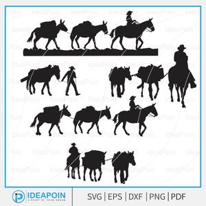 May include: A collection of black silhouette illustrations featuring pack animals and riders. The images include donkeys carrying packs, people riding horses, and a person leading a donkey. The bottom right corner includes the text "SVG | EPS | DXF | PNG | PDF".