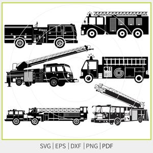 May include: Black and white illustrations of various fire trucks, including ladder trucks and pumpers. The images are in a vector style, suitable for digital design projects. The bottom of the image includes the text: SVG | EPS | DXF | PNG | PDF.