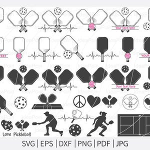 May include: A collection of black and white pickleball-themed graphics. Includes paddles, balls, heartbeats, and silhouettes of players. Text elements include "Your Text Here" and "Peace Love Pickleball!" in a decorative font. File formats: SVG, EPS, DXF, PNG, PDF, JPG.