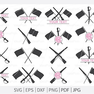 May include: A collection of vector graphics featuring crossed swords, rifles, and flags in a minimalist style. Some designs include text fields that read "YOUR TEXT" and circular monogram frames with the letters "ABC". The image also includes file type indicators: SVG, EPS, DXF, PNG, PDF, and JPG.