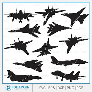 May include: A set of black silhouette illustrations of fighter jets in different positions. The image features several aircraft designs, with wings and tails, ideal for aviation-related projects. The bottom of the image includes the text "IDEAPOIN" and file type options.