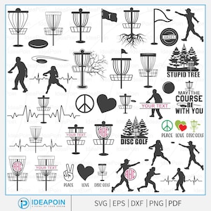 Op de afbeelding: Een verzameling vectorafbeeldingen met discgolf-thema's in zwart en wit. Bevat discgolfmanden, spelers die schijven gooien, tekstelementen en symbolen zoals een vredesteken en een hart. Formaten: SVG, EPS, DXF, PNG en PDF.