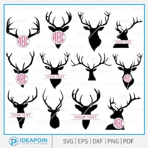 May include: A collection of black deer head silhouettes with various antler designs. Some designs include a pink circle with the letters "ABC" inside, while others have a horizontal text box that says "YOUR TEXT". The image also includes the text "SVG | EPS | DXF | PNG | PDF".