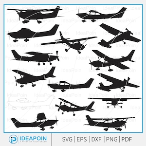 May include: A collection of black airplane silhouettes in various designs. The image includes multiple views of small aircraft, with propellers and wings. The bottom of the image includes the text "IDEAPOIN" and file type options: SVG, EPS, DXF, PNG, and PDF.