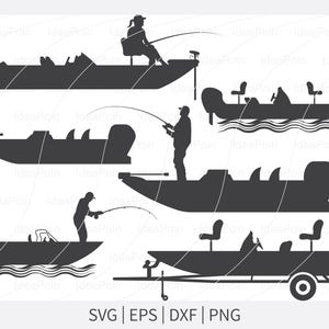 Puede incluir: Una colección de ilustraciones en silueta negra de barcos de pesca, cada uno con una persona pescando. Los barcos varían en diseño, algunos con asientos y motores. La imagen incluye el texto "SVG | EPS | DXF | PNG".