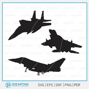 May include: Black silhouette illustrations of three different fighter jets. The image includes the text "SVG | EPS | DXF | PNG | PDF" at the bottom, indicating file formats.