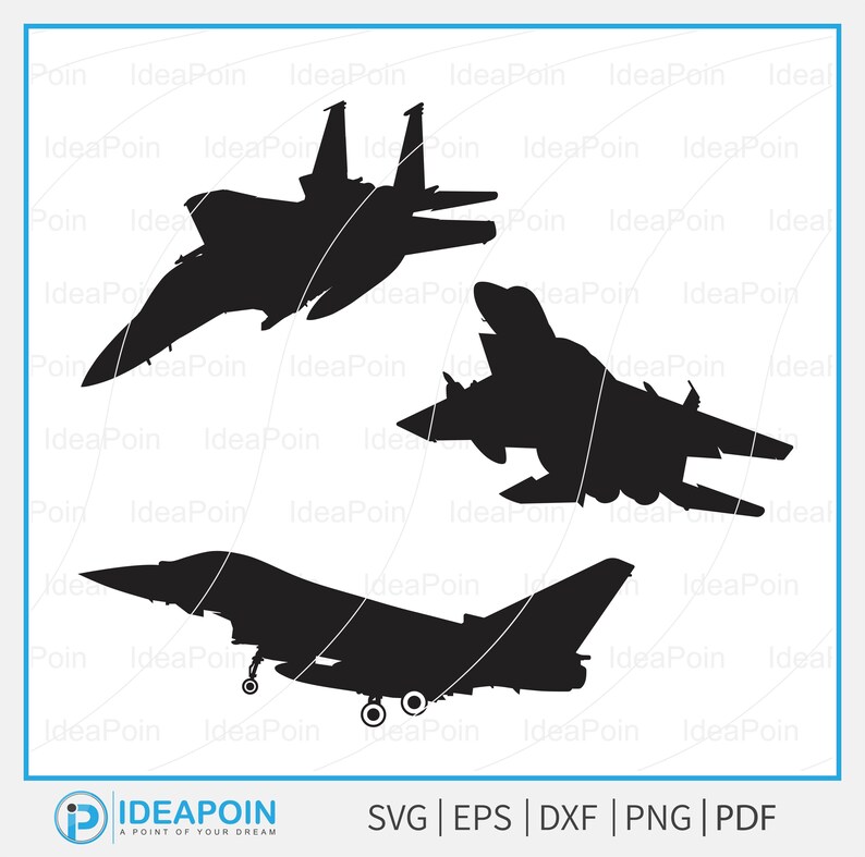 May include: Black silhouette illustrations of three different fighter jets. The image includes the text "SVG | EPS | DXF | PNG | PDF" at the bottom, indicating file formats.