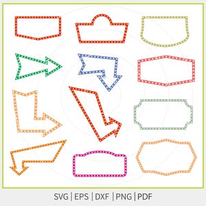 May include: A set of vector graphics depicting vintage-style illuminated signs and arrows. The designs showcase diverse shapes and colours, including red, green, orange, and pink, with dotted outlines mimicking light bulbs. The image also includes file type information.