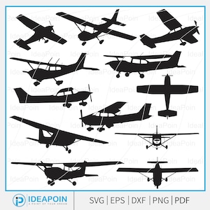 May include: A collection of black airplane silhouettes in various designs. The image includes multiple views of small aircraft, including side profiles, top-down views, and front-facing perspectives. The bottom of the image includes the text "SVG | EPS | DXF | PNG | PDF".