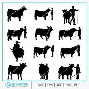 Pode incluir: Ilustrações em silhueta preta de gado e pessoas, incluindo um cowboy montando um touro, e pessoas guiando gado com cordas e paus. A imagem inclui o texto "IDEAPOIN" e opções de tipo de arquivo: SVG, EPS, DXF, PNG e PDF.