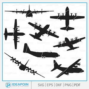 Könnte beinhalten: Schwarze Silhouette-Illustrationen verschiedener Flugzeuge, darunter Frachtflugzeuge und Transportflugzeuge. Das Bild zeigt mehrere Ansichten der Flugzeuge, einschließlich Seitenansichten und Draufsichten. Der untere Teil des Bildes enthält den Text "IDEAPOIN" und Dateitypoptionen.