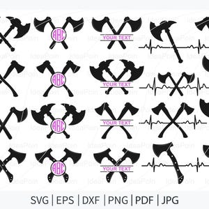 Pode incluir: Uma coleção de designs de machados pretos em vários estilos. Alguns machados são cruzados, outros apresentam áreas de texto ou um círculo de monograma. A imagem inclui notações de tipo de arquivo: SVG, EPS, DXF, PNG, PDF e JPG.
