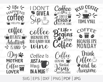 Può includere: Una collezione di design SVG in bianco e nero a tema caffè, con citazioni come "Coffee Because It's Too Early for Wine" e "Coffee Gets Me Started Jesus Keeps Me Going". Formati di file inclusi.