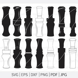 May include: A collection of black and white duck call designs in various shapes and styles. The image includes both solid black silhouettes and outline drawings of the calls. The bottom of the image displays the text "SVG | EPS | DXF | PNG | PDF | JPG".