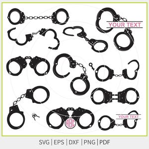 May include: Black silhouette images of handcuffs in various styles, including connected pairs, open cuffs, and cuffs with keys. The image includes the text "YOUR TEXT" and "ABC".