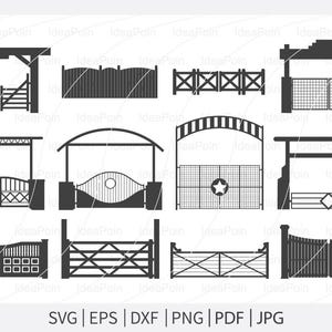 May include: A collection of black and white gate designs in various styles, including arched, rectangular, and slatted gates. The image includes text at the bottom indicating file formats: SVG, EPS, DXF, PNG, PDF, and JPG.