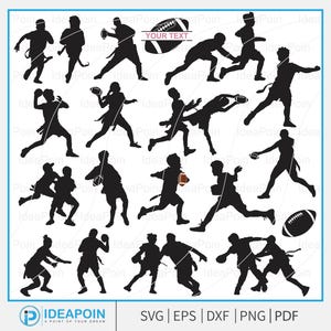 May include: A collection of black silhouette illustrations depicting various football plays. The images show players running, throwing, and catching the ball. A football with the text "YOUR TEXT" is also included. The bottom of the image includes file type options.