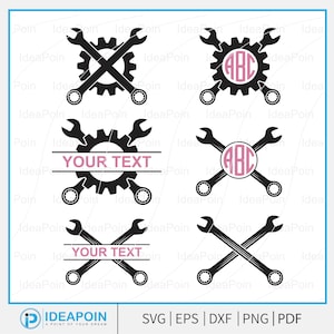 May include: Black and white mechanic-themed graphics featuring crossed wrenches, gears, and customizable text areas. Some designs include a monogram with the letters "ABC". The bottom of the image displays "SVG | EPS | DXF | PNG | PDF".