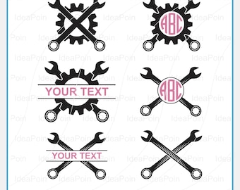 Ingranaggio con chiavi inglesi in formato SVG, monogramma del logo del meccanico in formato SVG, chiave inglese incrociata in formato SVG, logo della chiave inglese in formato SVG, cornice con nome diviso in chiave inglese in formato SVG, registro di servizio di riparazione auto
