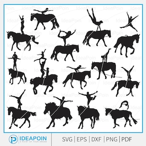 Op de afbeelding: Zwarte silhouet illustraties van paardensportfiguren die verschillende poses uitvoeren op paarden. De afbeelding bevat meerdere figuren, paarden en de tekst "IDEAPOIN A POINT OF YOUR DREAM" en bestandstype opties: SVG, EPS, DXF, PNG, PDF.