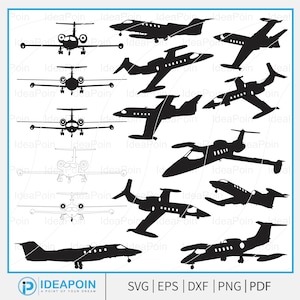 May include: A collection of black airplane silhouettes in various positions, including front, side, and angled views. The image includes the text "IDEAPOIN" and file type options: SVG, EPS, DXF, PNG, and PDF.